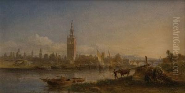 Vista De Sevilla Con El Rio Gualdalquivir Y La Giralda Al Fondo Oil Painting by Edward Alfred Angelo Goodall