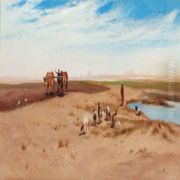 Farmer And Shepherd At The Nile, In The Background The Pyramids Oil Painting by Frederick Goodall