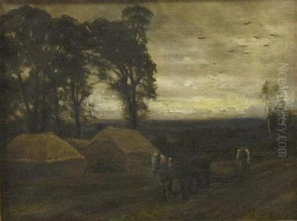 Ploughing At Dusk Oil Painting by John Edward Goodall