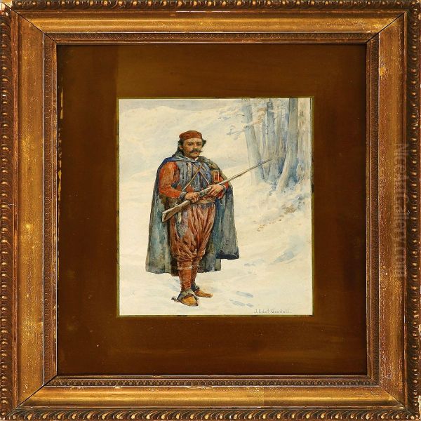 An Eastern European Soldier In A Winter Landscape Oil Painting by John Edward Goodall