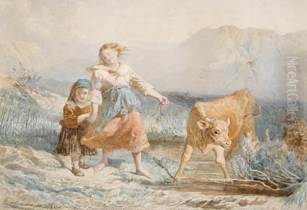 Two Young Girls And A Calf By A Mountainstream Oil Painting by Walter Goodall