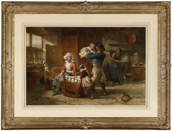 Playing With The Baby, Figures In A House Interior Oil Painting by Walter Goodall