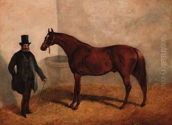 A Chestnut Racehorse With A Trainer In A Loosebox Oil Painting by John Goode