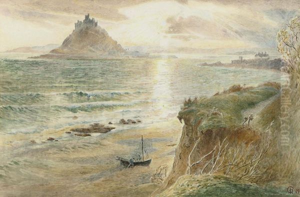 Fishermen Hauling A Boat Up On The Beach Before St Michael's Mount Oil Painting by Harry Goodwin