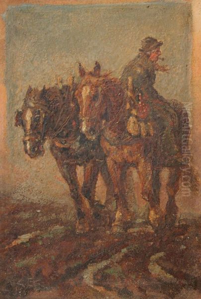 Figure Smoking A Pipe On Horseback Beside Another Horse In A Landscape Oil Painting by William Sidney Goodwin