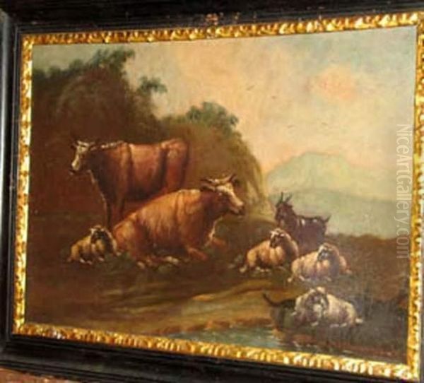 Cows And Sheeps Resting In Landscape Oil Painting by Pieter Goos