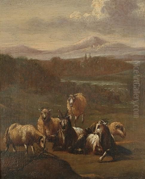 Sheep And Goats In A Landscape, With Mountains Beyond Oil Painting by Pieter Goos