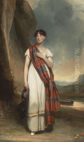 Portrait Of A Lady Wearing Plaid In A Landscape Oil Painting by Sir John Watson Gordon