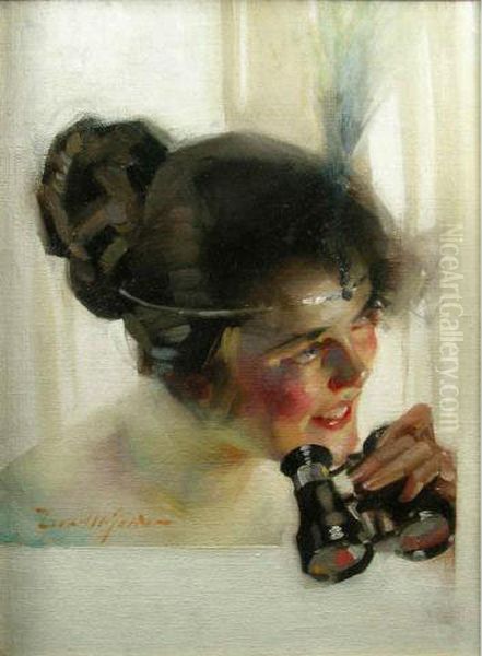 Flapper Girl With Binoculars Oil Painting by Leon Gordon