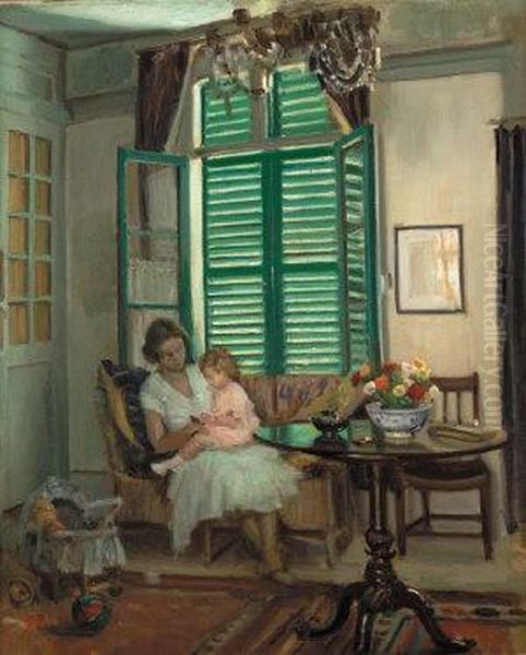 Interior With The Artist's Wife, Yvonne & Young Daughter, Elizabeth, At Montreuil-sur-mer Oil Painting by William Crampton Gore