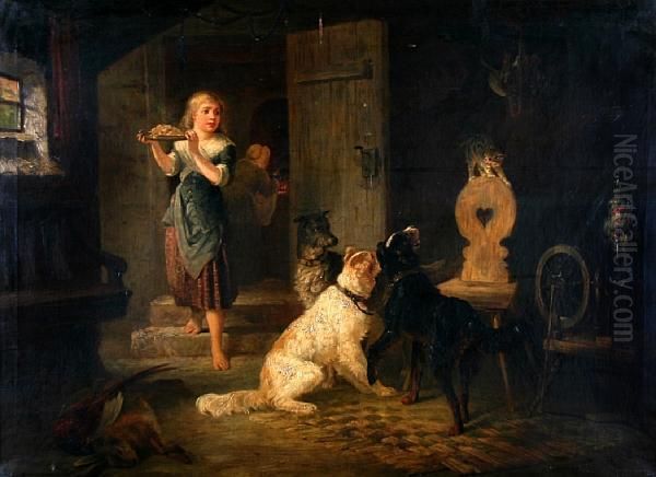 Dogs And Cat In A Game Larder Oil Painting by Marie Gorlich