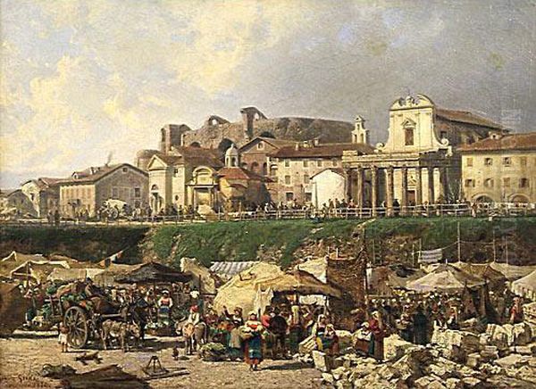 Mercato Della Frutta Ai Fori Imperiali Oil Painting by Giulio Gorra