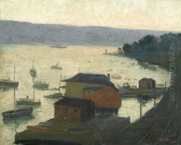 Boats On A River At Dusk Oil Painting by Aaron Harry Gorson