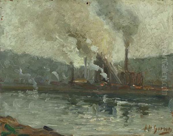 Factories Along The River: Two Works Oil Painting by Aaron Harry Gorson