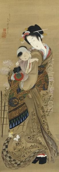 Mother And Child With Chrysanthemums Oil Painting by Hotei Gosei