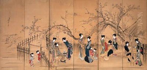 Beauties At A Teahouse Under A Flowering Plum Oil Painting by Hotei Gosei