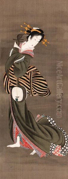 Geisha With Shamisen Oil Painting by Hotei Gosei