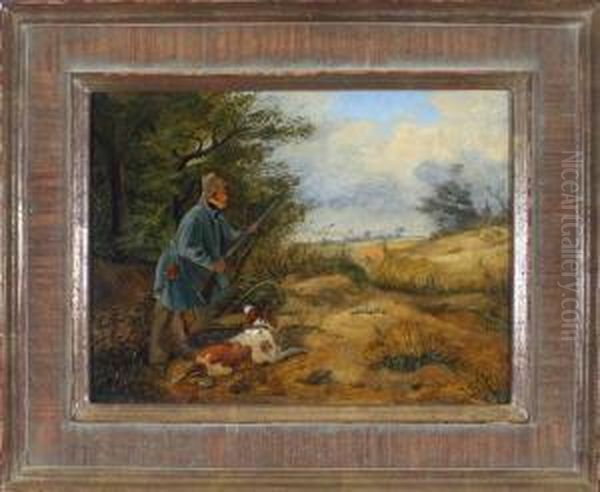 Ein Jager Mit Seinem Hund Am Waldrand Beim Anlegen Des Gewehrs Oil Painting by Carl F. Goser