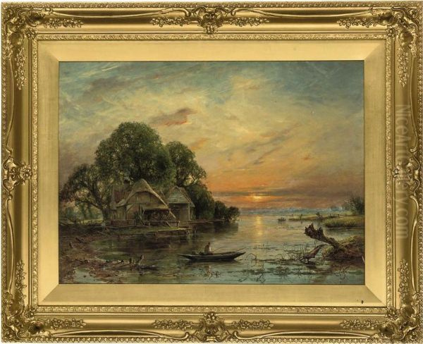 An Angler On The River At Sunset Oil Painting by William W. Gosling