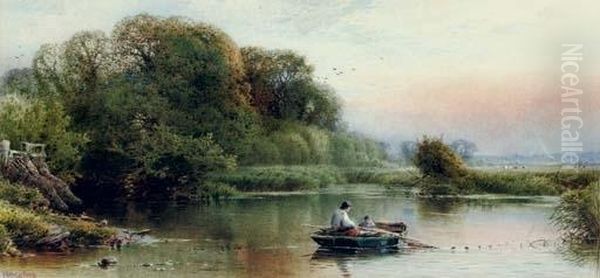 A River Landscape At Dusk With Young Anglers Dragging In Their Nets Oil Painting by William W. Gosling