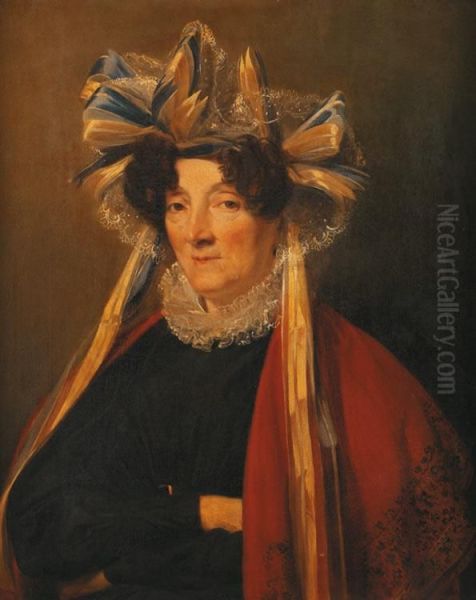 Portrait De Femme Portant Un Bonnet De Dentelles Orne D'un Noeud Bleu Et Jaune Oil Painting by Nicolas Louis Gosse