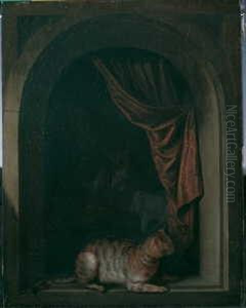 Eine Katze Am Fenster Eines Malerateliers. Im Hintergrund Der Maler An Der Staffelei. Oil Painting by Gerard Goswin