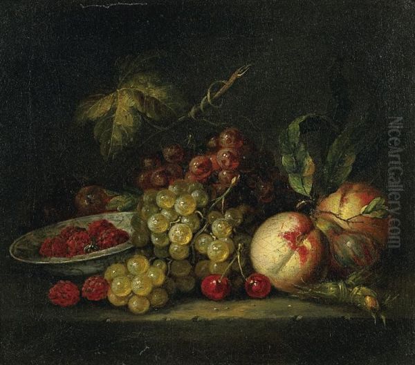 Nature-morte De Raisins, De Peches Et Coupe De Framboises. Oil Painting by Gerard Goswin