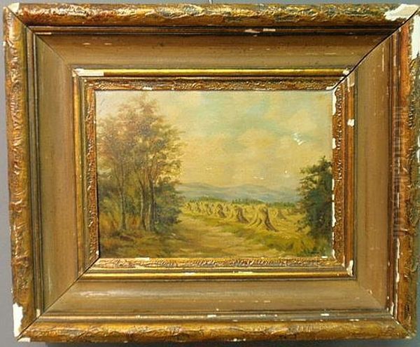 A Fall Hayfield Landscape Oil Painting by Peschel Carl Gottlob