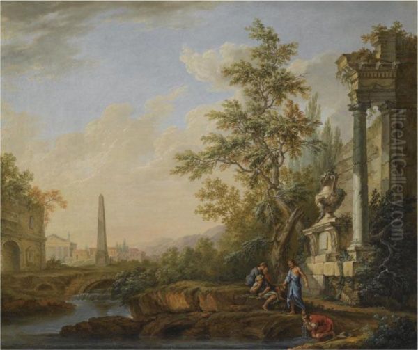 An Italianate Landscape With Figures Drinking From A River Beneath Classial Ruins, An Obelisk, A Roman Triumphal Arch And A Town Beyond Oil Painting by Lorens, Lars Gottman