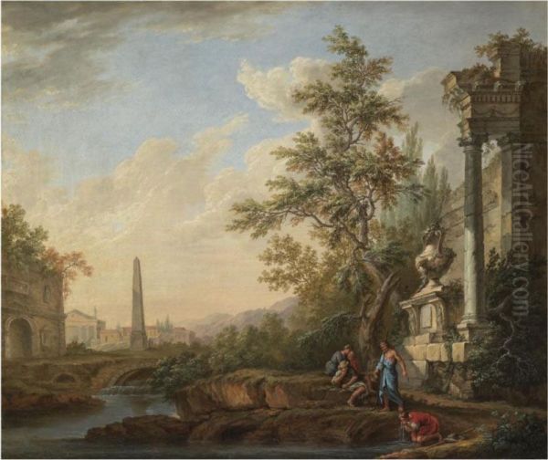 An Italianate Landscape With Figures Drinking From A Stream Beneathruins, An Obelisk, A Roman Triumphal Arch And A Town Beyond Oil Painting by Lorens, Lars Gottman