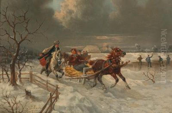 A Winter Excurion Oil Painting by Eduard Gotzelmann