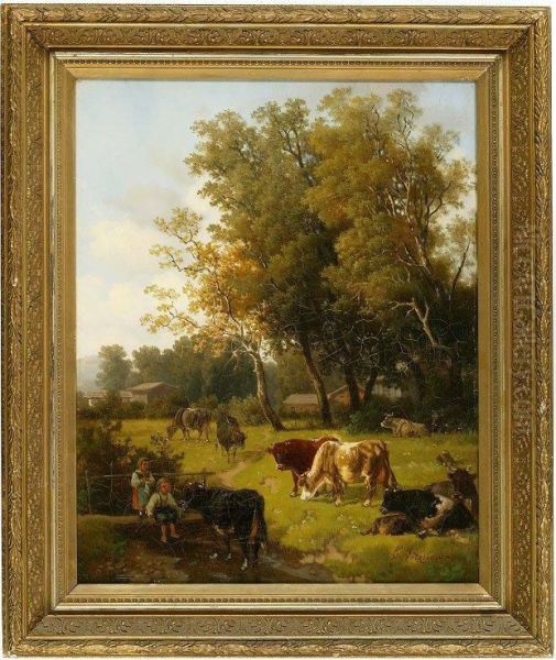 Landscape With Cows And Children Oil Painting by Eduard Gotzelmann