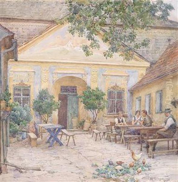 At The Heurigenin Durnstein Oil Painting by Hans Gotzinger