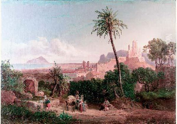 Lavandieres Et Chasseur Dans Un Paysage Italien Oil Painting by Karl-Wilhem Gotzloff