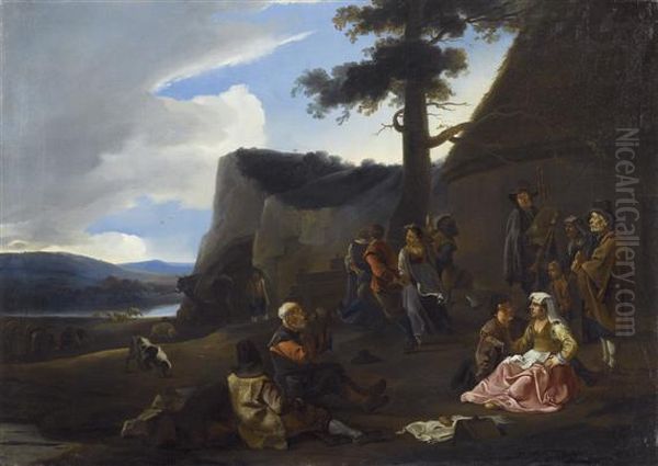 Tarantella - Mediterranean Landscape With Herdsmen Feasting And Dancing Oil Painting by Anton Goubau