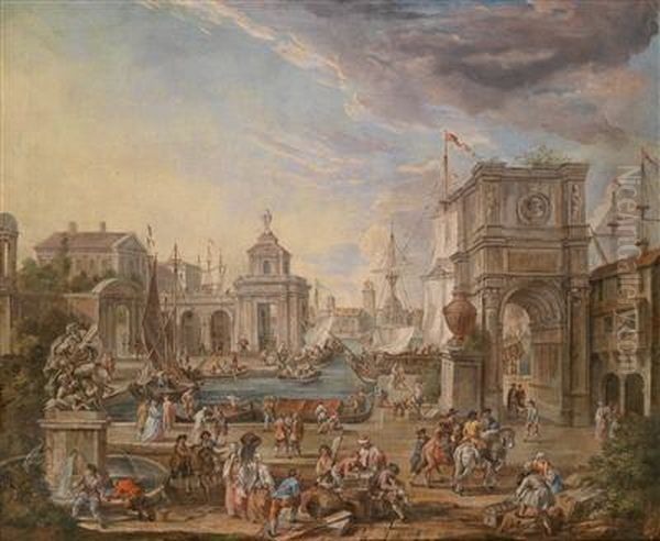 Blickin Eine Italienische Stadt Mit Lebendigem Volkstreiben Oil Painting by Anton Goubau