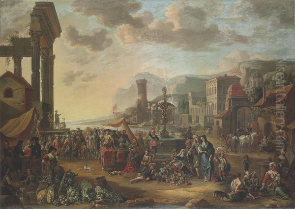 A Capriccio Of A Mediterranean Port City With A Market, A Commediadell'arte Performing Oil Painting by Anton Goubau