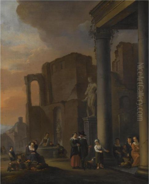 A Capriccio Scene With Classical Ruins And Figures Selling Fruit And Vegetables In The Foreground Oil Painting by Anton Goubau