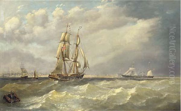 A Trading Brig And Paddlesteamer In An Offshore Breeze Oil Painting by J. Gough