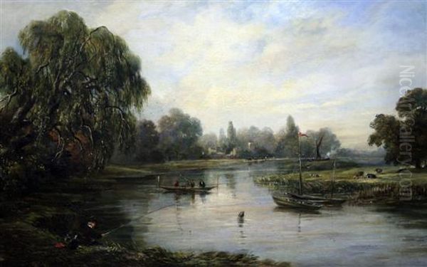 Punt And Angler Along The Thames Oil Painting by Harriett Gouldsmith