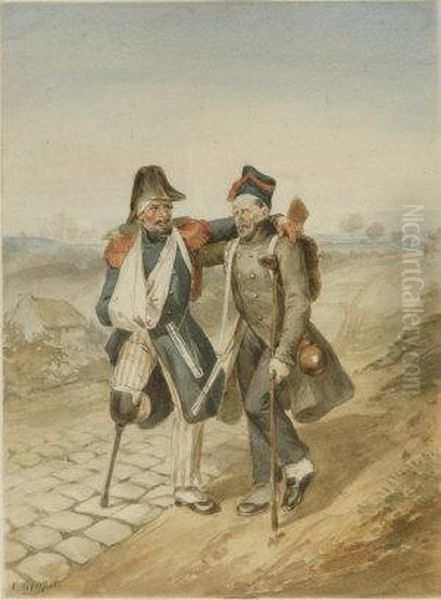 Two Napoleonic Wounded Soldiers Supporting Each Other On A Country Road Oil Painting by Frederic Goupil