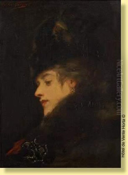 Elegante Au Manteau De Fourrure Oil Painting by Jules Adolphe Goupil