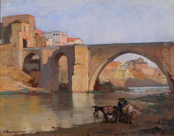 Le Porteur D'eau Pres Du Pont Oil Painting by Pierre Gourdault