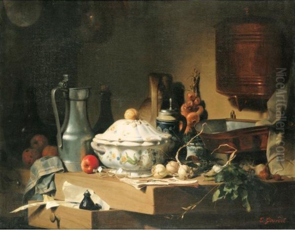 Nature Morte A La Soupiere , Aux Lunettes Et Aux Gousses D'ail [ ; Still Life With Tureen , Glasses And Cloves Of Garlic ; Oil On Canvas ; Signed Lower Right E Gourdet] Oil Painting by Pierre Eugene Gourdet