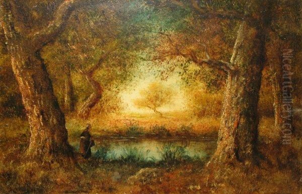 Paysanne A La Mare En Sous-bois Oil Painting by Raphael Gourdon