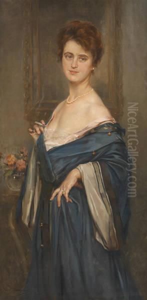 Elegante A La Robe Bleue Oil Painting by Jean-Leon Gouweloos