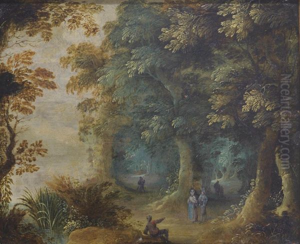 Figures In A Wooded Landscape Oil Painting by Abraham Govaerts