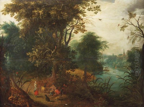 A Wooded River Landscape With Shepherds Conversing On A Track Oil Painting by Abraham Govaerts