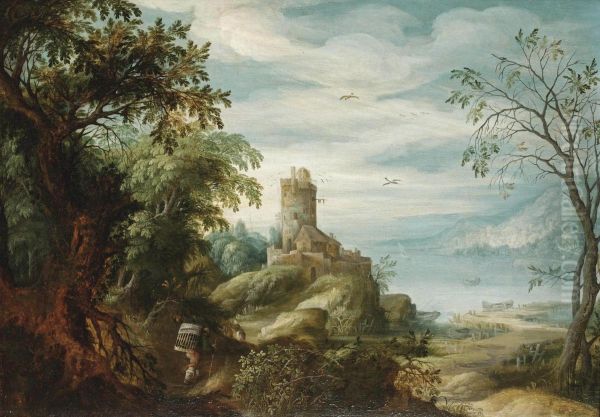 A Mountainous River Landscape With Faggot Gatherers At The Edge Of A Forest Oil Painting by Abraham Govaerts