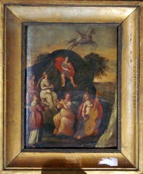 A Pair Ofpaintings Showing Apoll And The Muses And Apoll And Kingmidas Oil Painting by Abraham Govaerts